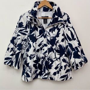 Rachel Adams blazer jacket cotton spandex white blue floral spring summer Medium